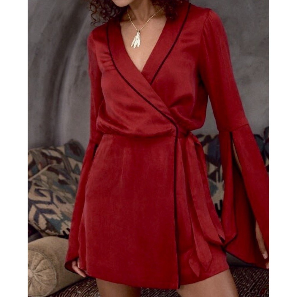 House of Harlow 1960 x Revolve Silky Red Boho Bell Sleeve Wrap Dress Large - Picture 1 of 16